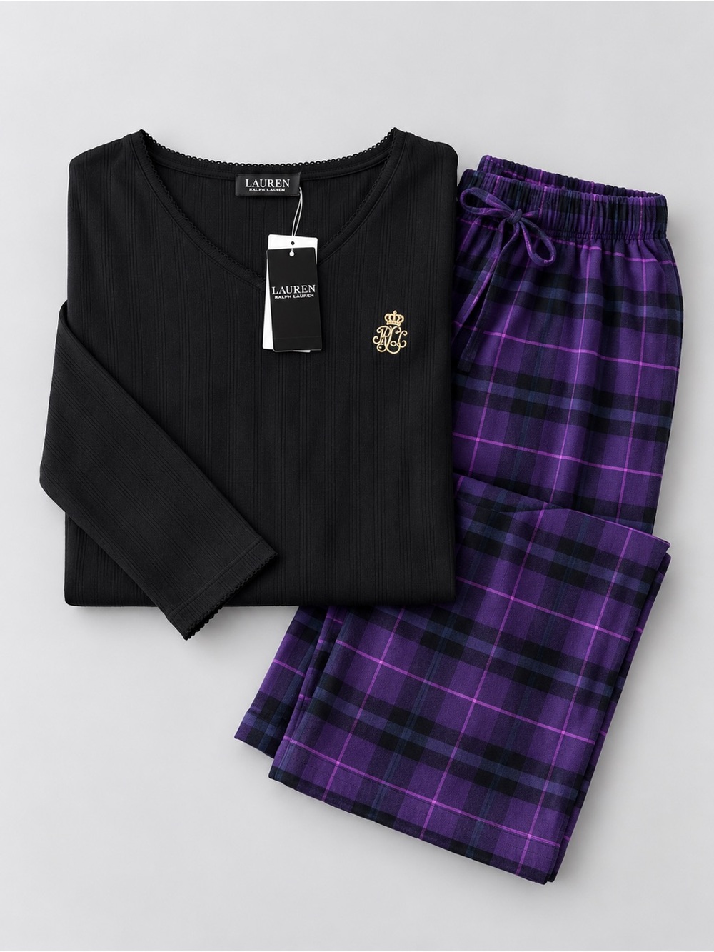 Lauren Ralph Lauren Women’s Pajama Set Size S Black Top Purple Plaid Pants NWT